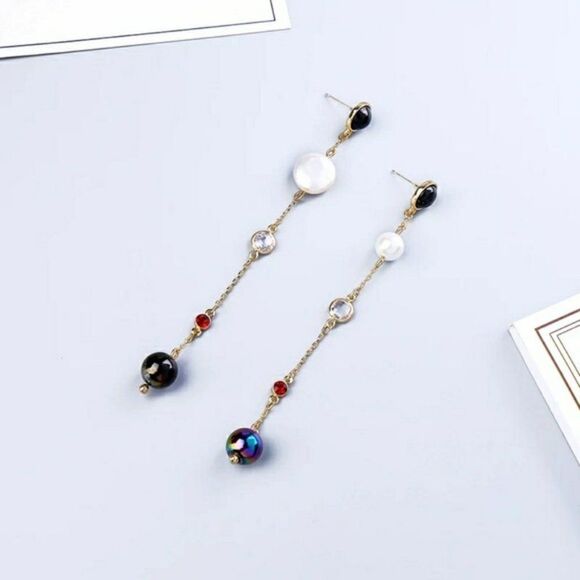 Pearl Crystal Rhinestone Gold Drop Dangle Earrings - Picture 9 of 12